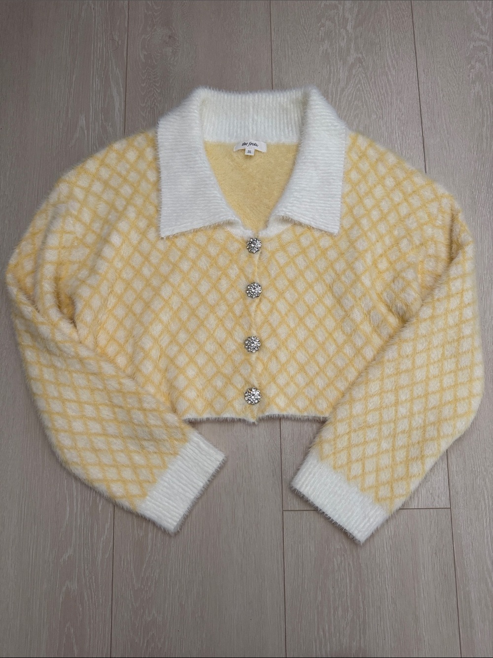 The Frolic Cropped Yellow Diamond-Pattern Collared Cardigan with White Trim